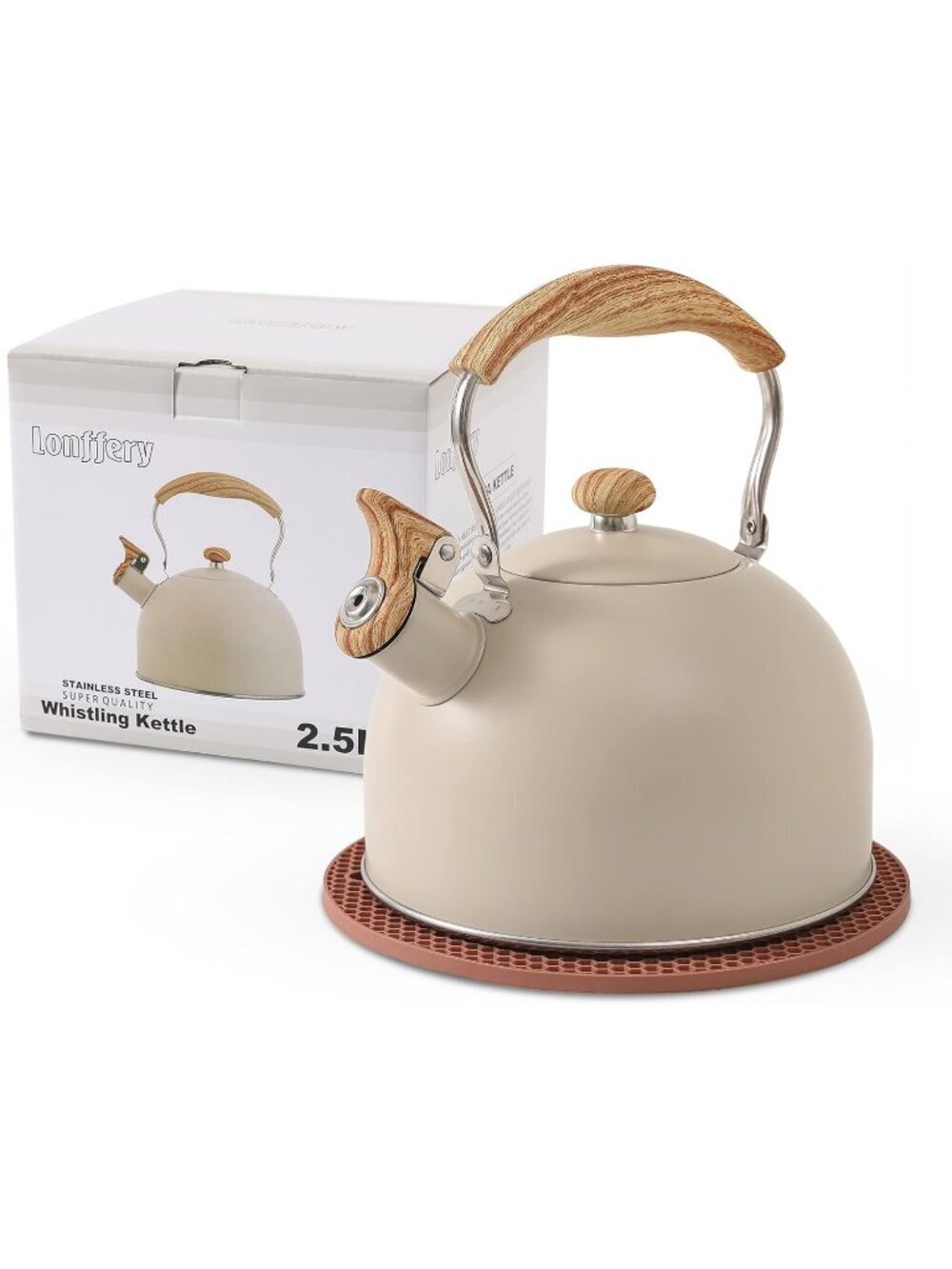 Creamy White Kitchen Whistling Tea Kettle 2.5 Quart Stainless Steel Wood Handle